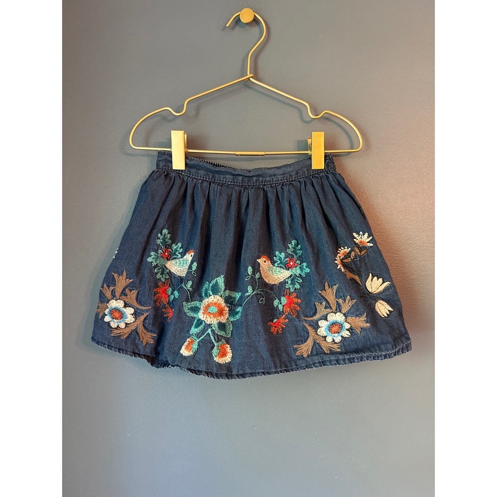 Next Kids Denim Embroidered Floral Bird Skirt Blue 2-3 Years